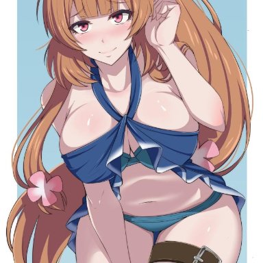 1girls, alternate costume, animal ears, bikini, blush, breasts, large breasts, long hair, looking at viewer, navel, orange hair, raphtalia, smile, solo, swimsuit