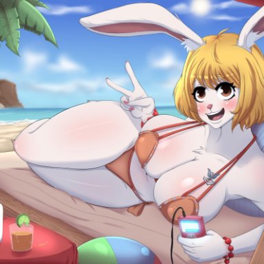 5 fingers, alcohol, anthro, arm support, beach, beverage, big breasts, bikini, blonde hair, bottle, bracelet, breasts, camel toe, carrot (one piece), clothed