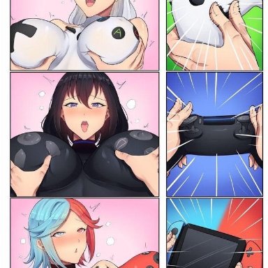 3girls, band-width, bare shoulders, black hair, blue eyes, blue hair, blush, breast grab, breasts, comic, controller, detached sleeves, emphasis lines, erect nipples, eyebrows visible through hair