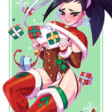 1girls, big breasts, blush, breasts, christmas, cleavage, female, female only, high heel boots, high heels, kajinman, large breasts, looking at viewer, momo yaoyorozu, my hero academia