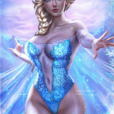 1girls, absurdres, breasts, cleavage, disney, elsa (frozen), female, female only, frozen (movie), highres, logan cure, looking at viewer, solo, thigh gap, wide hips