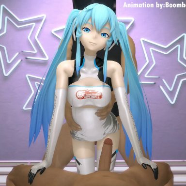 1girls, 2boys, 3d, animated, aqua hair, blue eyes, boombadaboom, bouncing breasts, breasts, dark-skinned male, female, hatsune miku, hetero, medium breasts, penis