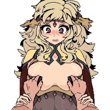 animated, areola slip, blonde hair, blush, breast squeeze, breasts, cleavage, cleavage cutout, fire emblem, fire emblem fates, ophelia (fire emblem), pixel art