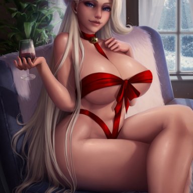 1girls, 2020, alcohol, alternate breast size, alternate outfit, armpits, ass, big ass, big breasts, big butt, blonde hair, breasts, butt, christmas, chubby