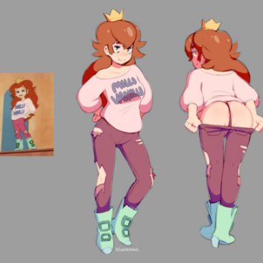 1girls, anus, anus peek, artist name, ass, auburn hair, back, back view, bluebreed, boots, brown eyes, butt, clothing, crown, female