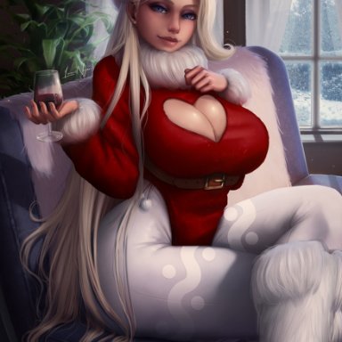 1girls, 2020, alcohol, alternate breast size, alternate outfit, ass, big ass, big breasts, big butt, blonde hair, breasts, butt, christmas, cleavage, couch