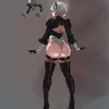 android, artist request, boots, dat ass, female, gynoid, hair ornament, huge ass, nier (series), nier: automata, pawg, phat ass, short hair, thong, thong leotard