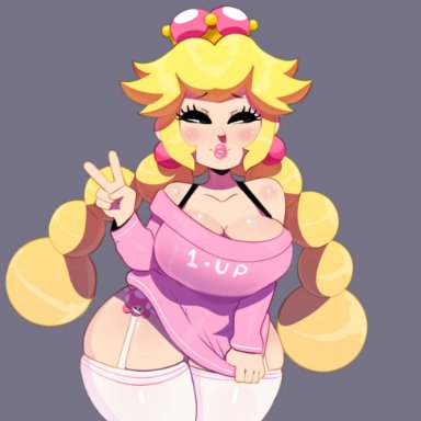 1girls, 1up, bare shoulders, big breasts, blonde hair, blush, bra strap, breasts, cleavage, crown, curvy, eyebrows visible through hair, eyeliner, female, female only