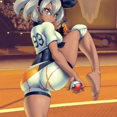 1girls, 3d background, alternate breast size, angry, arena, ass, audience, barefoot, bea (pokemon), big ass, big breasts, blonde hair, blue eyes, bodysuit, breasts