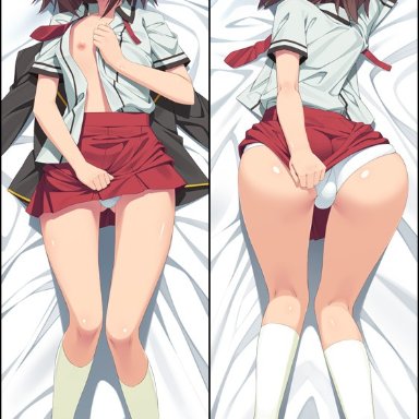 1boy, ass, baka to test to shoukanjuu, blush, brown hair, bulge, crossdressing, dakimakura, femboy, girly, kinoshita hideyoshi, looking at viewer, looking back, male, male only