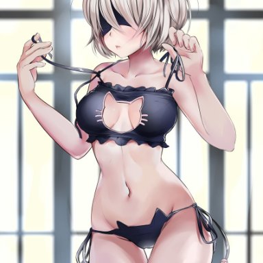 blush, breasts, cameltoe, cat ears, cat lingerie, cleavage, cleavage cutout, madbunny, navel, nier: automata, solo, thighhighs, yorha 2b
