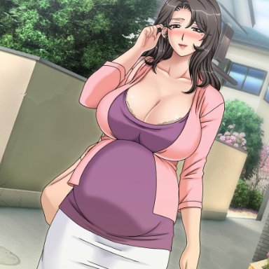 1girls, 4:3 aspect ratio, artist cg, big belly, blush, bra, breast rest, breasts, cg art, chikashitsu, cleavage, clothed, curvaceous, dress, eye contact