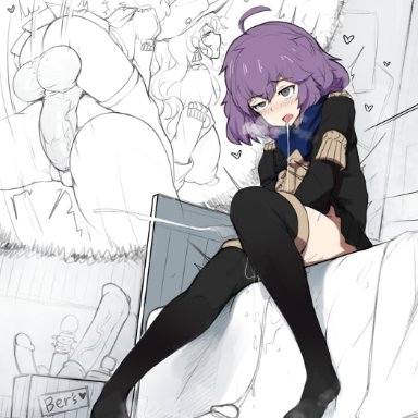 1futa, balls, bernadetta von varley, dildo, doggy style, dorothea (fire emblem), drooling, fire emblem, fire emblem: three houses, futanari, masturbation, purple hair, sinensian, thighhighs, wet pussy