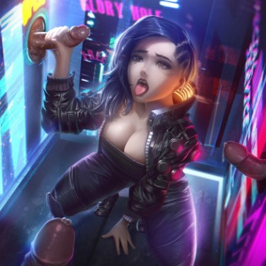 asymmetrical hair, barcode tattoo, black hair, breasts, brown eyes, cleavage, cyberpunk 2077, cyborg, dark penis, dark skin, dark-skinned male, erection, female, gatery, glory hole