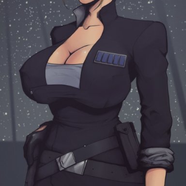 1girls, 2019, badge, bare chest, belt, black gloves, black pants, black shirt, blonde hair, breasts, busty, casual, clavicle, cleavage, closed mouth