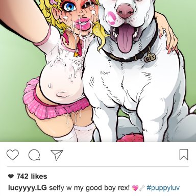 1boy, 1girls, animal genitalia, big breasts, blonde hair, blue eyes, breasts, canine, canine penis, cum, cum on face, domestic dog, erection, facial, female