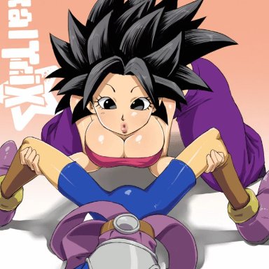 :>=, 1boy, 1girls, alternate breast size, animated, areolae, big breasts, big penis, black eyes, black hair, breasts, bulge, cabba, caulifla, clothed