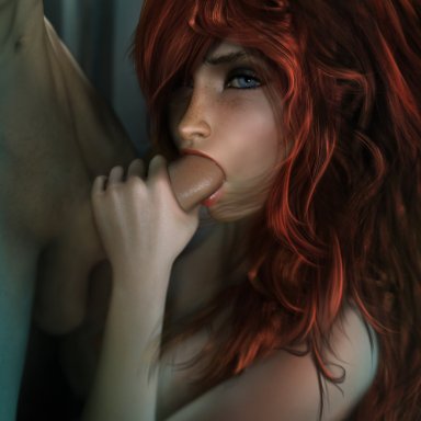 1boy, 3d, big penis, blowjob, blue eyes, bwc, fellatio, female, freckles, hair over one eye, hetero, league of legends, long hair, looking at viewer, miss fortune