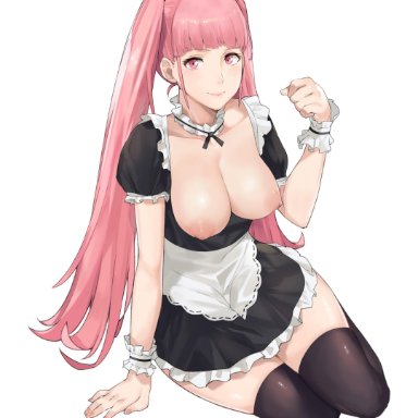 [email protected], breasts outside, choker, fire emblem, fire emblem: three houses, hilda (fire emblem), maid, maid headdress, maid uniform, pink eyes, pink hair