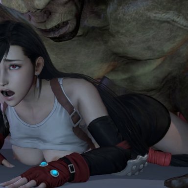 1boy, 1girls, 3d, animated, black hair, breasts, darsovin, female, final fantasy, final fantasy vii, gloves, human, interspecies, larger male, laying on stomach