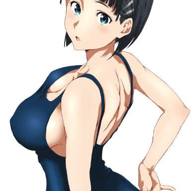 :o, 1girl, 1girls, ass, bare arms, bare back, bare shoulders, big breasts, black hair, blush, bob cut, breasts, cleavage, curvaceous, curvy