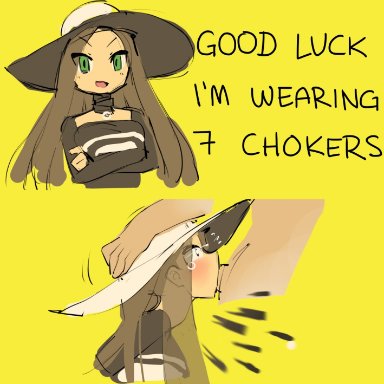 2koma, beauty (pokemon), borvar, brown hair, choker, comic, crossed arms, deepthroat, english text, fellatio, green eyes, hat, instant loss 2koma, irrumatio, long hair