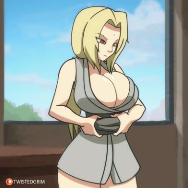 1girls, animated, areolae, big breasts, blonde hair, bouncing breasts, cleavage, gif, naruto, naruto shippuden, nipples, open clothes, ponytail, pussy, smile