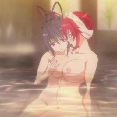 akeno himejima, animated, bathing, breast grab, high school dxd, high school dxd hero, rias gremory, sound, tagme, webm, yuri