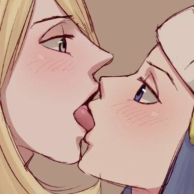 2girls, age difference, artist request, blonde hair, blue eyes, blue hair, blush, brown background, close-up, clothes, cynthia (pokemon), dawn (pokemon), eyelashes, female, female only