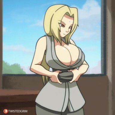 animated, big breasts, cleavage, half naked, half nude, naruto, tsunade, twistedgrim, undressing