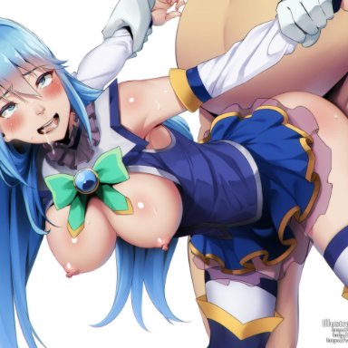 1boy, 1girls, ambiguous penetration, aqua (konosuba), aqua eyes, aqua hair, bare shoulders, big breasts, blue eyes, blue hair, blush, breasts, dannex009, detached sleeves, drool