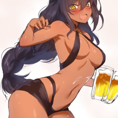 1girls, alcohol, beer mug, black footwear, blush, boots, breasts, cleavage, contrapposto, cowboy shot, dark skin, dark-skinned female, drunk, female, female only