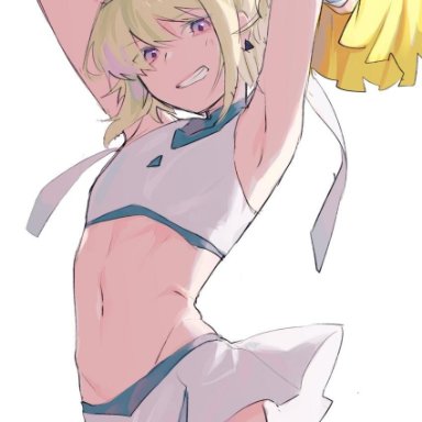 1boy, androgynous, armpits, blonde hair, blush, bob cut, canon crossdressing, cheering, cheerleader, cheerleader uniform, crop top, femboy, girly, highres, lio fotia