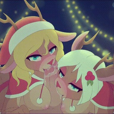 16:9, 2d animation, animated, anthro, antlers, blonde hair, blue eyes, blush, bodily fluids, breasts, capreoline, cervid, cervine, christmas, clothing