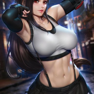 1girl, absurd res, breasts, female, final fantasy, final fantasy vii, highres, large breasts, navel, neoartcore, red eyes, skirt, solo, sports bra, square enix