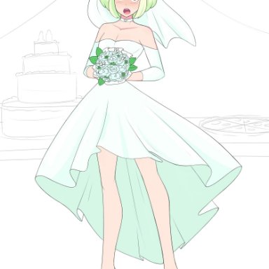 1boy, androgynous, blush, bob cut, bouquet, bride, canon crossdressing, edit, femboy, flowers, garter, girly, green hair, high heels, leg garter