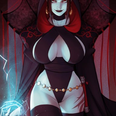 1girls, breasts, cleavage, devil hs, earrings, electricity, female, female only, force lightning, huge breasts, magic, pale skin, red eyes, rey, sith