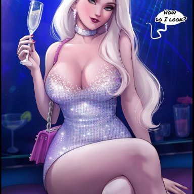 1girls, alcohol, aroma sensei, big breasts, blonde hair, blue eyes, breasts, cleavage, disney, drunk, elsa (frozen), english text, female, female only, frozen (movie)