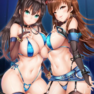 2girls, animal ears, aqua eyes, areolae, asymmetrical docking, bangs, belly, beltskirt, bikini, black gloves, black hair, black legwear, blue bikini, blue flower, blue skirt