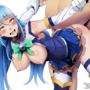 1boy, aqua (konosuba), arm grab, artist name, ass, blue dress, blue eyes, blue hair, blush, boots, breasts, clothed female nude male, commentary, dannex009, detached sleeves