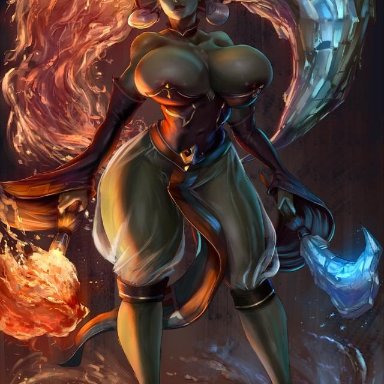 big breasts, cutesexyrobutts, fire, fused, fusion, gerudo, heterochromia, ice, legend of zelda, magic, majora's mask, ocarina of time, see-through clothing, tagme, thin waist