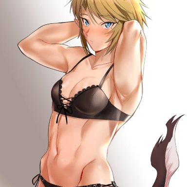 androgynous, animal ears, armpits, arms behind back, blonde hair, blue eyes, blush, bra, bulge, cat ears, cleavage, crossdressing, femboy, lingerie, link