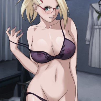 1girls, areolae, big breasts, blonde hair, blush, bra, bra pull, breasts visible through clothing, colored nails, curvy, female, female only, glasses, hairclip, ino yamanaka