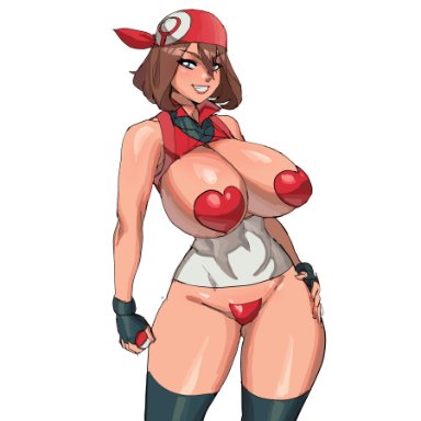1girls, abs, alternate breast size, alternate costume, alternate outfit, bandana, belly, big breasts, breasts, brown hair, crop top, eye contact, female, female only, gloves