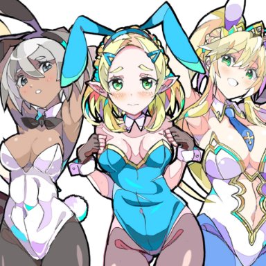 5girls, alternate breast size, alternate outfit, armpits, artoria pendragon, artoria pendragon (lancer), bea (pokemon), big breasts, breasts, bunny ears, bunny girl, bunny suit, bunnysuit, cleavage, crossover