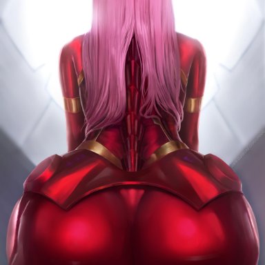 1girl, ass, big ass, darling in the franxx, dat ass, female, female focus, female only, high resolution, highres, horns, latex suit, limgae, over, pink hair