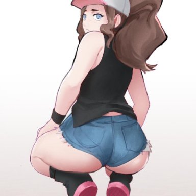 1girls, 2019, ass, back, baseball cap, big ass, blue eyes, boots, booty shorts, brown hair, clothed, clothes, dat ass, denim, denim shorts