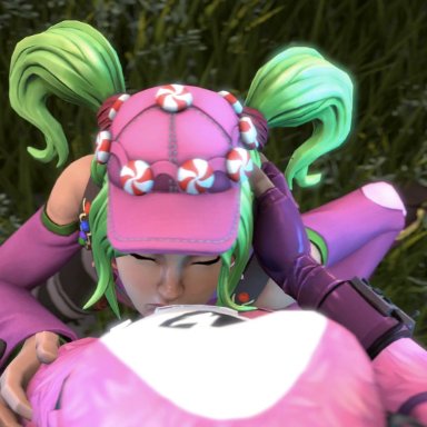 1futa, 1girl, 3d, animated, blowjob, deepthroat, female focus, fortnite, fully clothed, futa pov, futanari, futanari pov, grass, green hair, hand on head