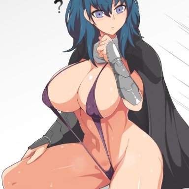 blue eyes, blue hair, byleth (female), byleth (fire emblem), cape, crouching, female, fire emblem, fire emblem: three houses, huge breasts, nintendo, solo, string bikini, thick thighs, u2 (user pupx8327)