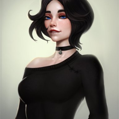 1girl, black clothing, black hair, blue eyes, collar, doomer girl, evulchibi, female, short hair